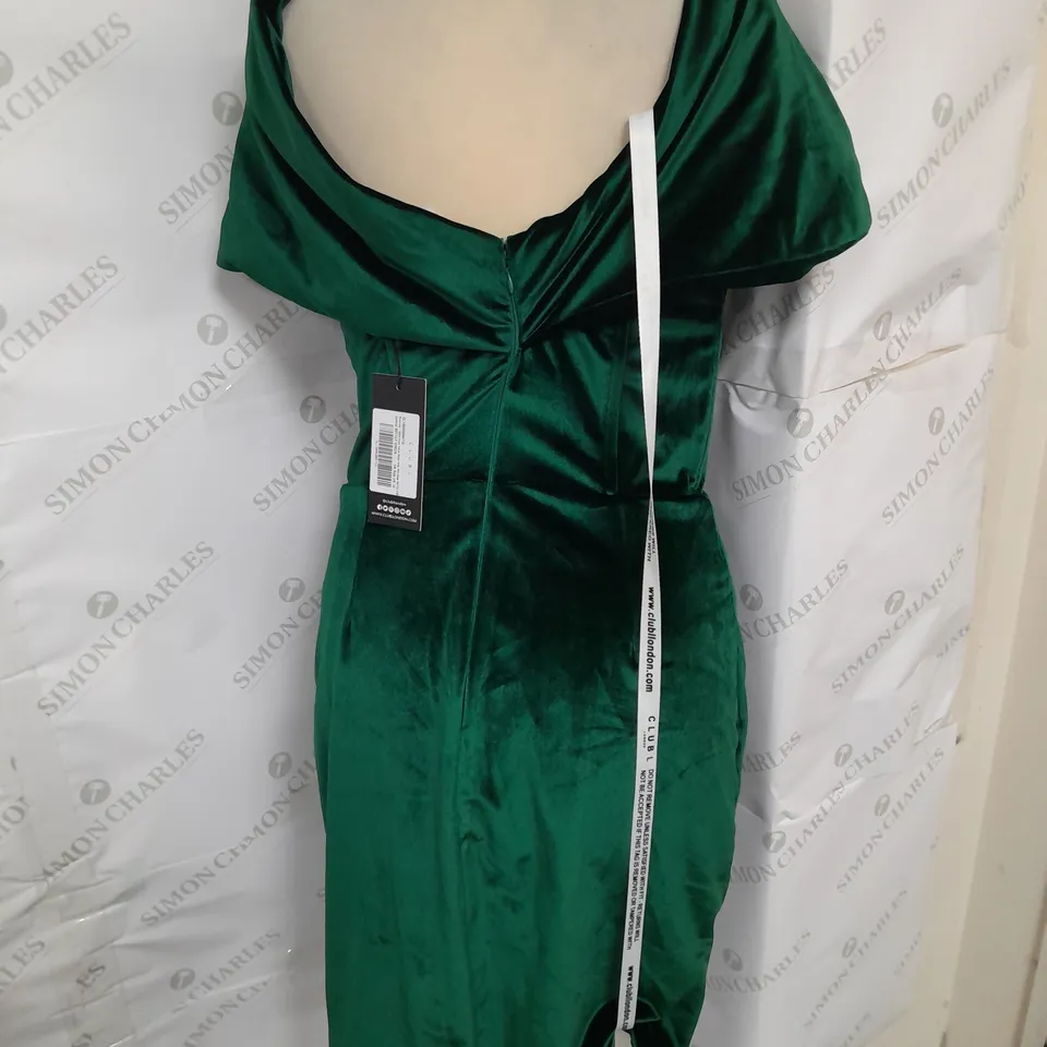 CLUB LONDON BARDOT WRAP MINI DRESS IN BOTTLE GREEN SIZE 14