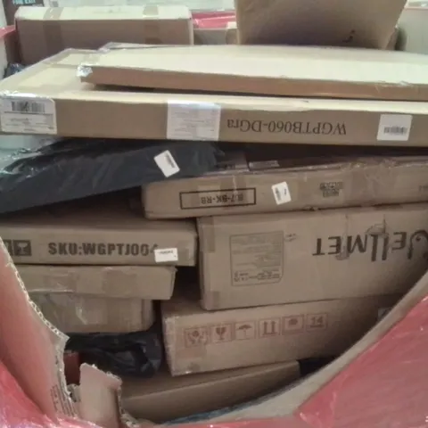 PALLET CONTAINING VARIOUS ASSORTED BOXED HOUSEHOLD ITEMS TO INCLUDE: TV WALL MOUNTS, TOILET SEATS, TOILET HAND RAIL, AND LOTS MORE UNMARKED BOXED ITEMS