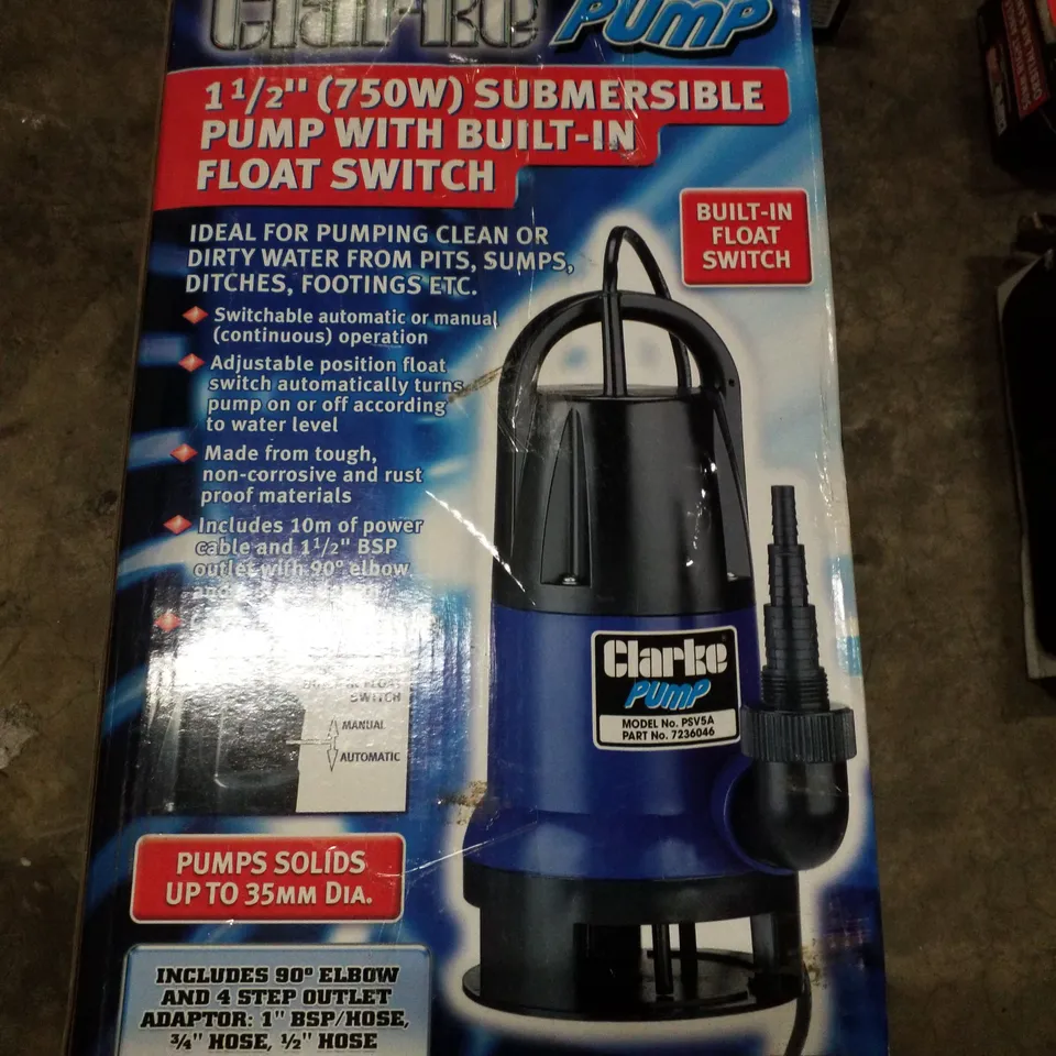 BOXED CLARKE PSV5A 1½" 750W 217LPM 8M HEAD WATER PUMP WITH INTEGRATED FLOAT SWITCH (230V)