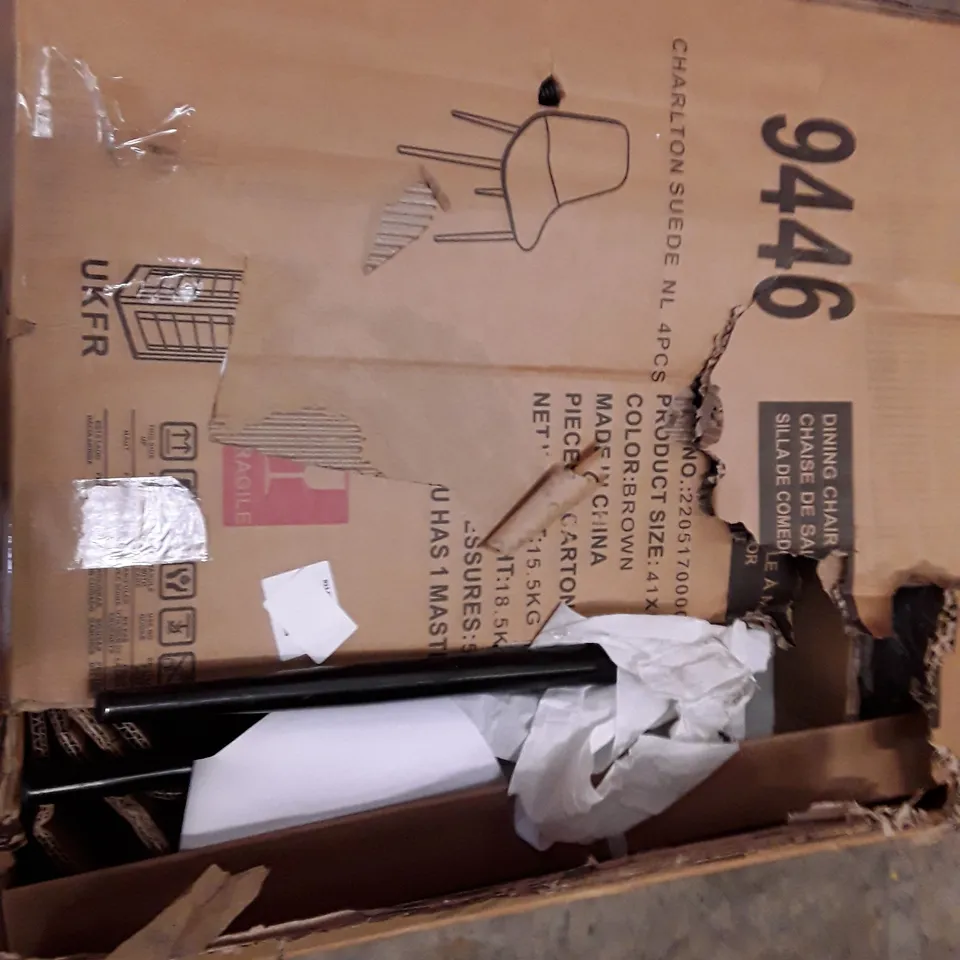 PALLET OF ASSORTED HOUSEHOLD ITEMS TO INCLUDE BOXED SET OF 4 CHAIRS, OFFICE CHAIRS, 3D WALL PANELS AND PLAYPEN