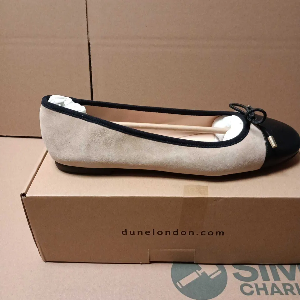 BOXED PAIR OF DUNE CARAMEL SUEDE FLEXIBLE SOLE SLIP ONS - 8