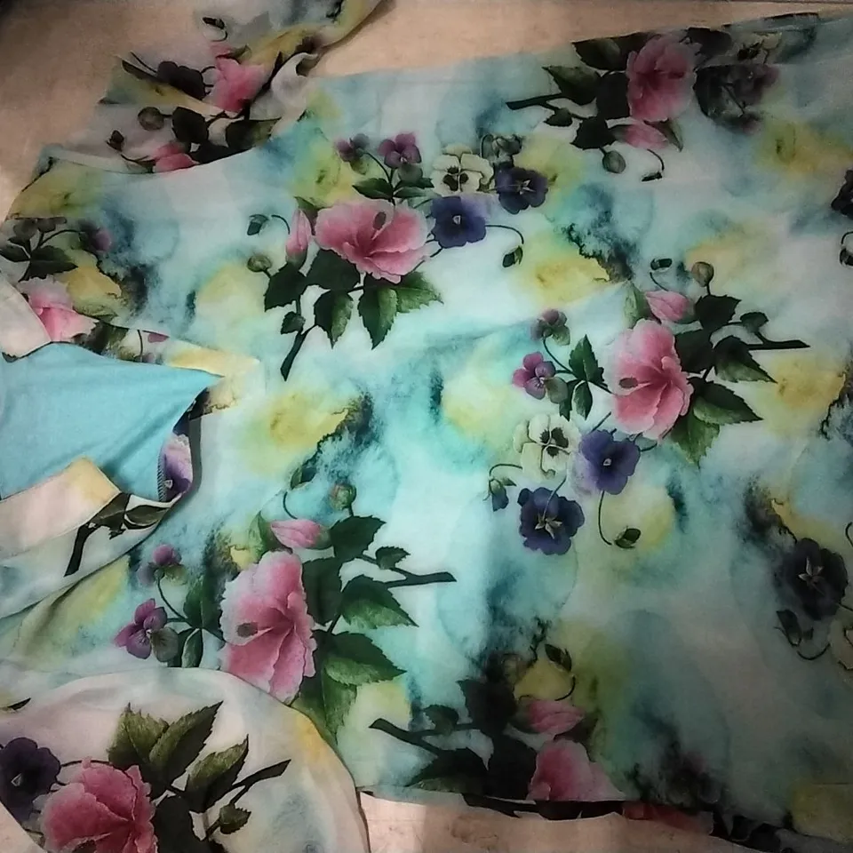 BOX CONTAINING KIM&CO NAVY LEOPARD  JUMPSUIT SIZE 3XL , 5PCS AND 6 TURQUOISE FLORAL SHIRT BY BUTLER & WILSON 