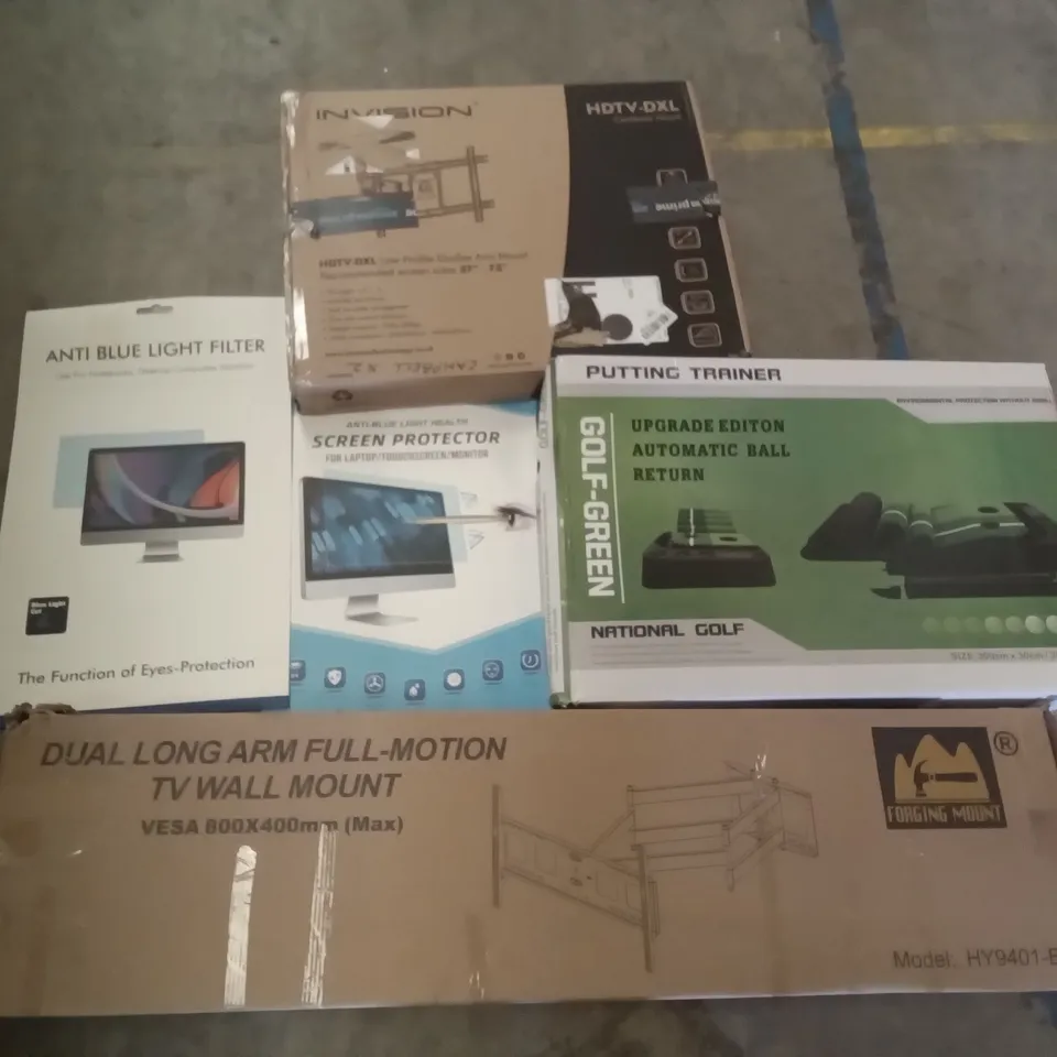 PALLET OF ASSORTED ITEMS INCLUDING FORGING MOUNT DUAL LONG ARM FULL-MOTION TV WALL MOUNT, PUTTING TRAINER, SCREEN PROTECTOR,ANTI BLUE LIGHT FILTER, INVISION LOW PROFILE DOUBLE ARM MOUNT