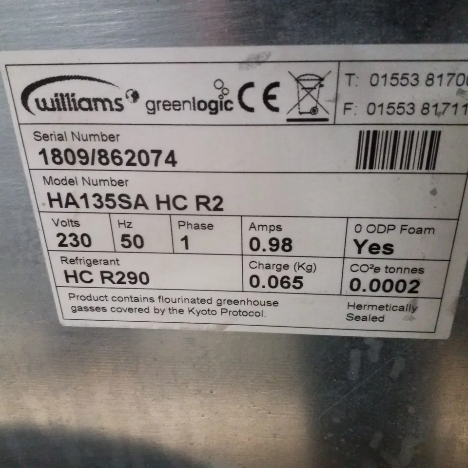 WILLIAMS HA135-SA SINGLE DOOR 135LTR UNDERCOUNTER REFRIGERATOR