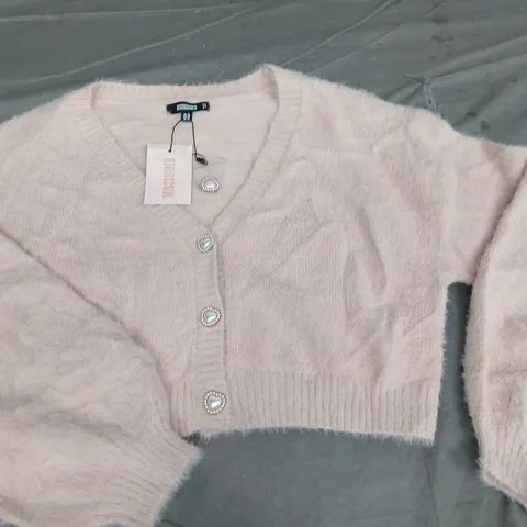 MISSGUIDED HEART PEARL BUTTON FLUFFY CARDIGAN IN BLUSH - UK 18