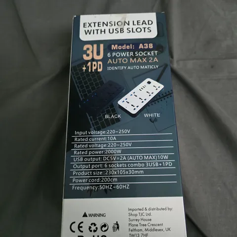 EXTENSION LEAD WITH USB SLOTS – MODEL A38, 6 SOCKETS