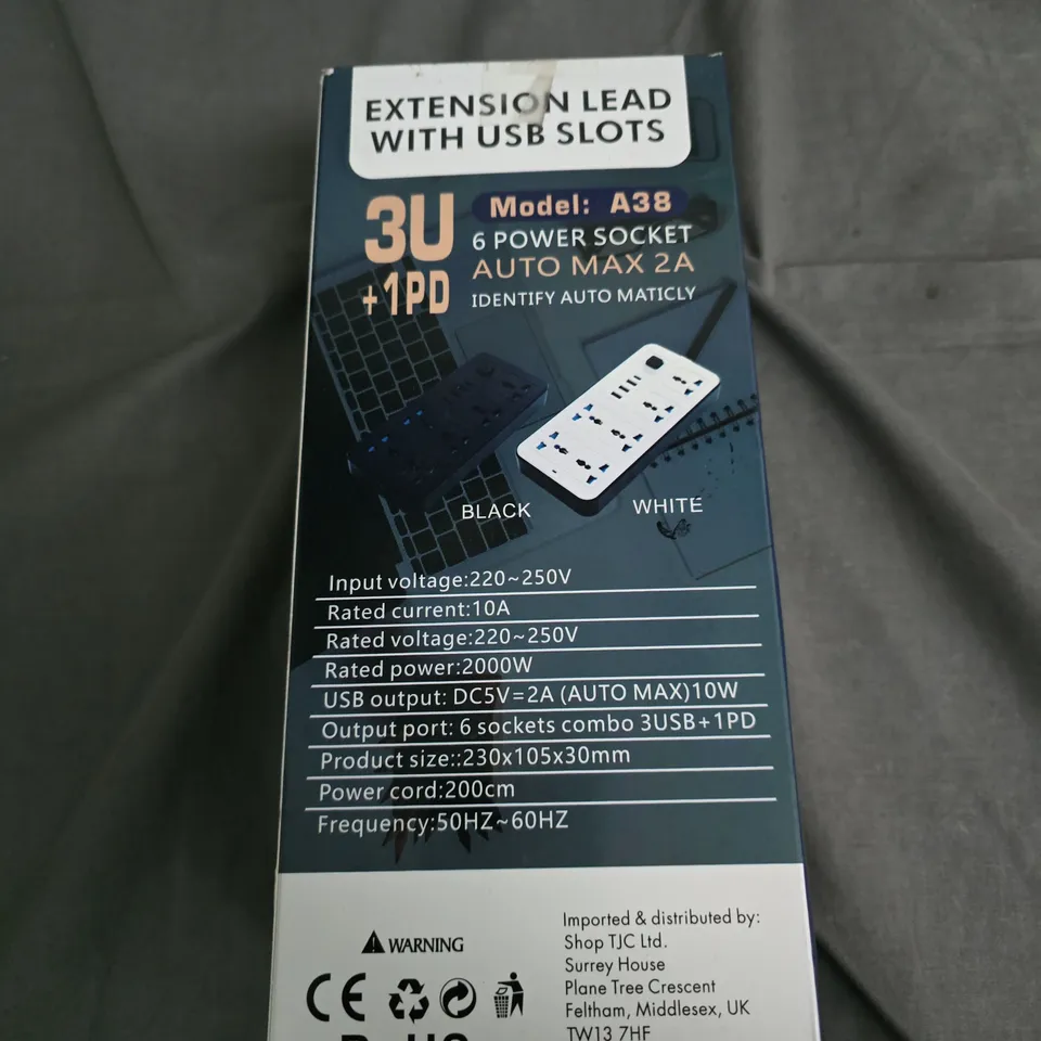 EXTENSION LEAD WITH USB SLOTS – MODEL A38, 6 SOCKETS