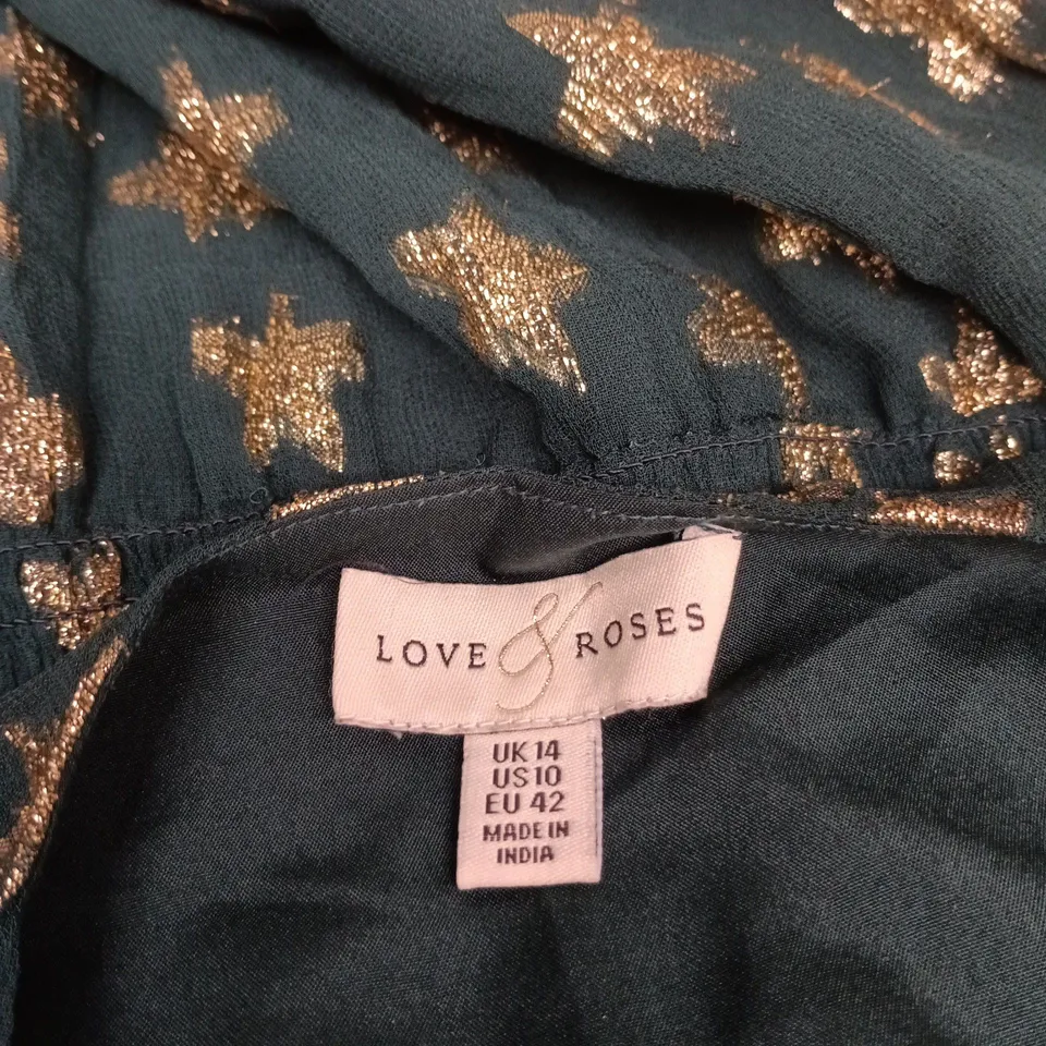 LOVE ROSES TEAL MAXI DRESS WITH GOLD STAR EMBROIDERY – UK 14 (US 10, EU 42)