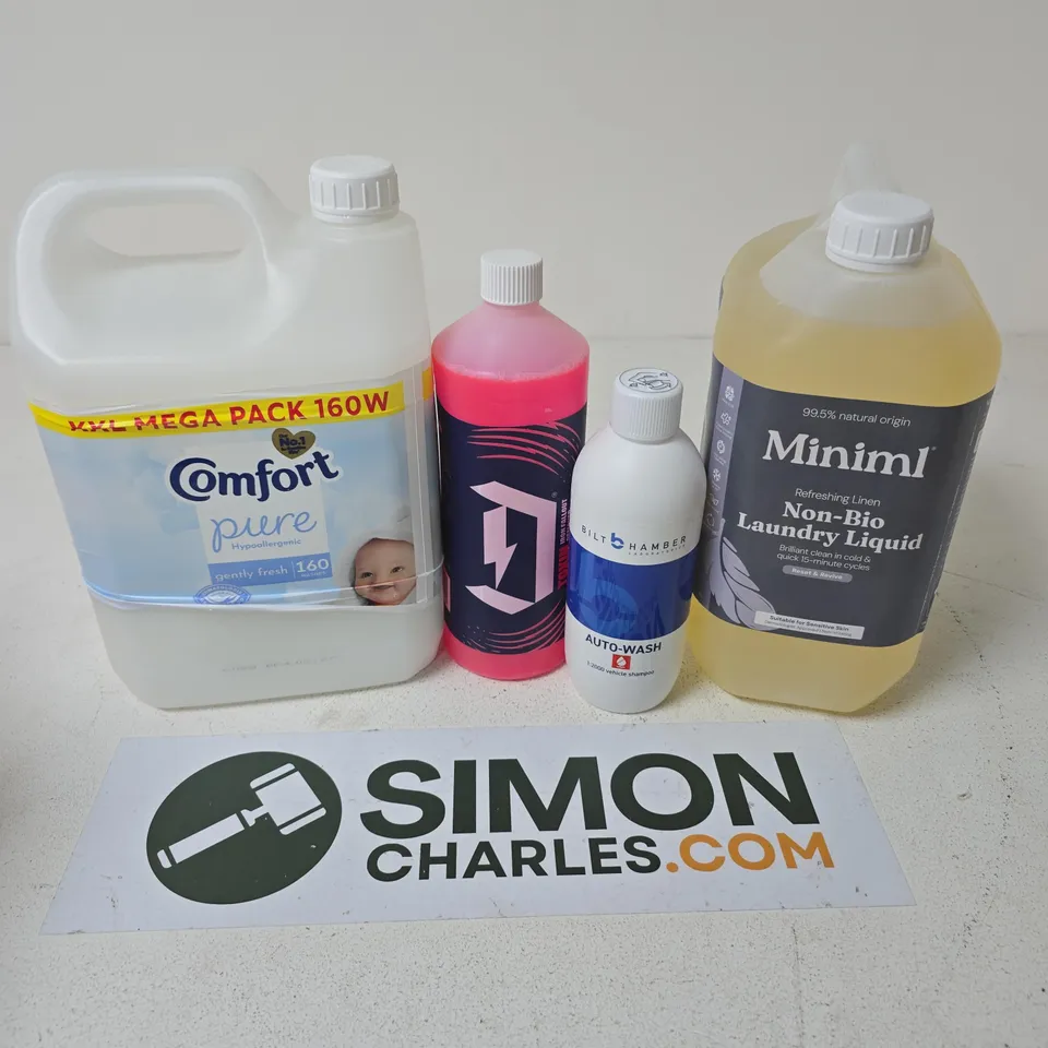 APPROXIMATELY 6 ASSORTED LARGE LIQUIDS TO INCLUDE MINIML LAUNDRY LIQUID, COMFORT PURE, BILT HAMBER AUTO-WASH, ETC