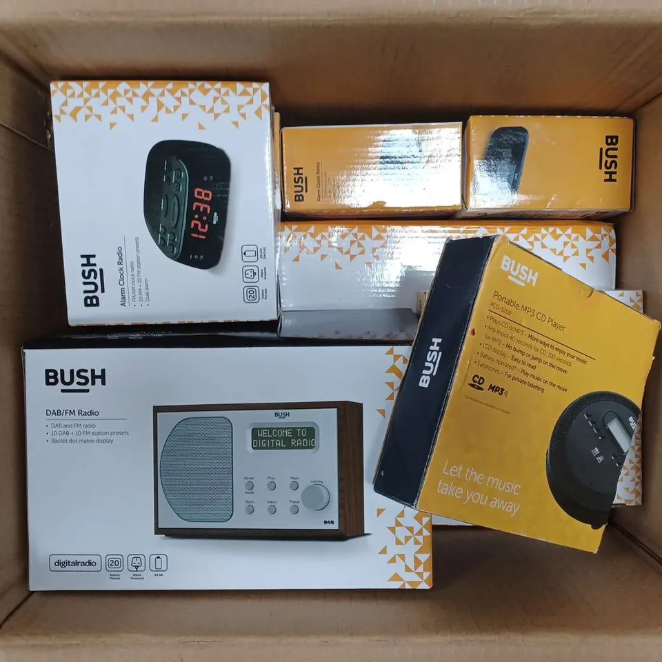 APPROXIMATELY 9 ASSORTED BUSH PRODUCTS TO INCLUDE ALARM CLOCK RADIO, DAB/FM RADIO, PORTABLE MP3 RADIO, ETC