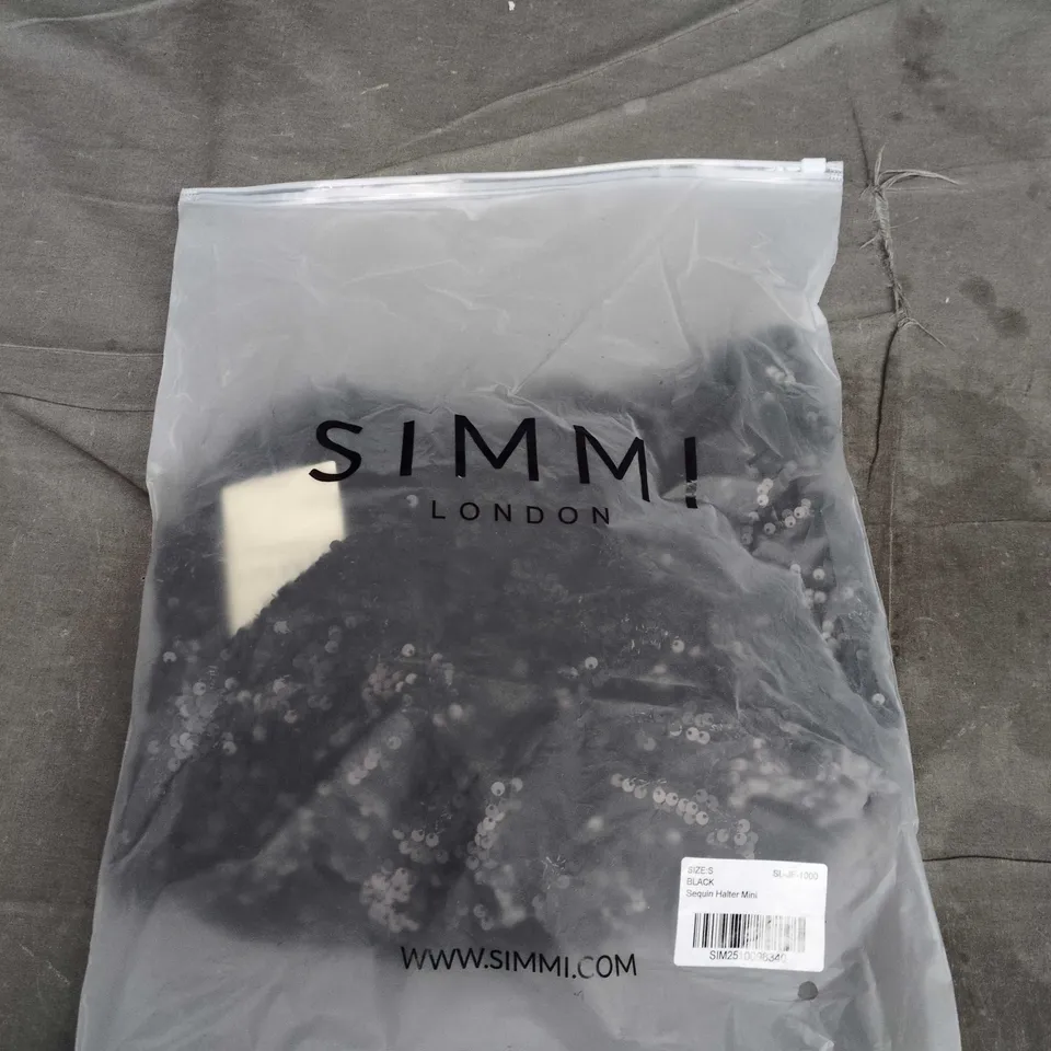 BAGGED SIMMI LONDON SEQUIN HALTER MINI IN BLACK - SMALL