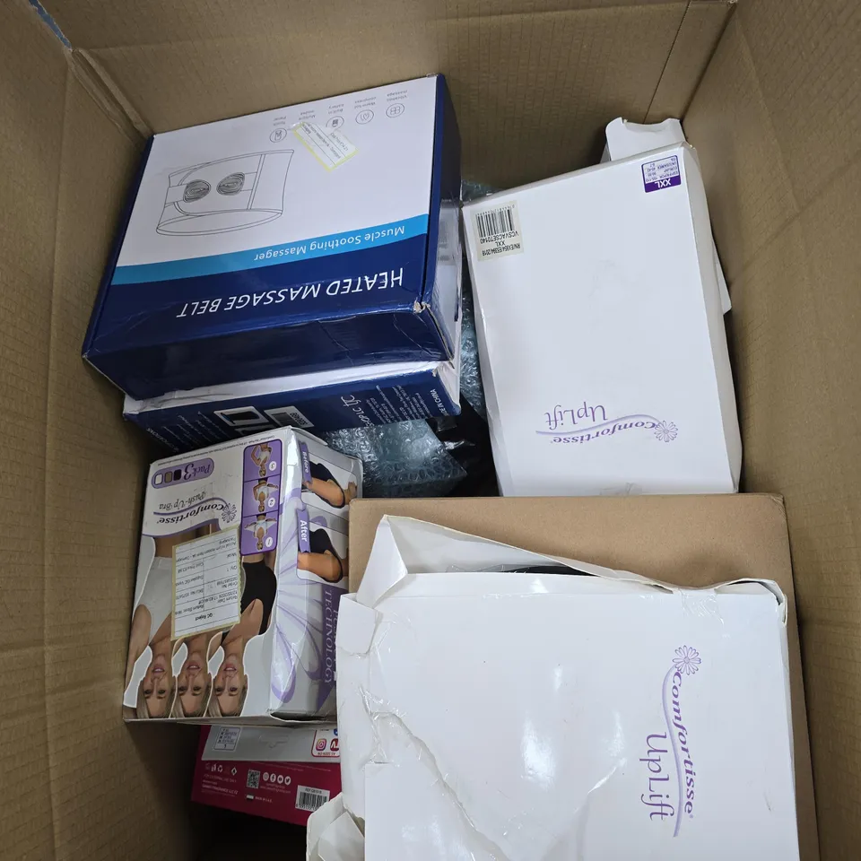 BOX OF APPROXIMATELY 15 ASSORTED ITEMS TO INCLUDE HEATED MASSAGE BELT, COMFORTISSE PUSH UP BRA, QUICKFOLD PORTABLE STOOL, CLOTHING ETC