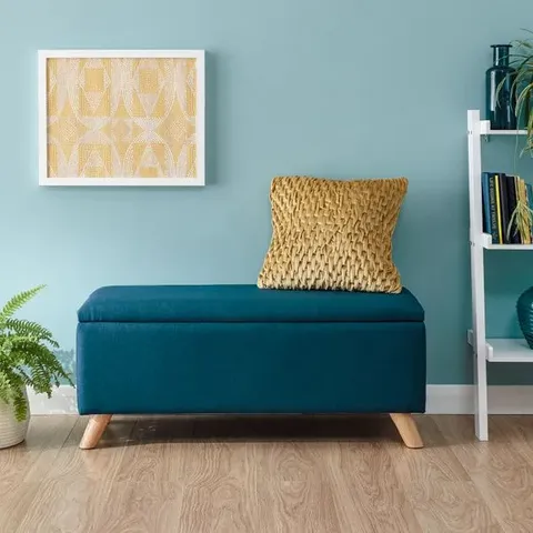 BOXED GFW SECRETO TEAL BLUE HOPSACK FABRIC OTTOMAN STORAGE BENCH (1 BOX)