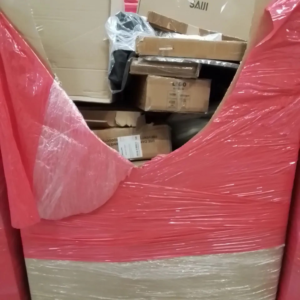 PALLET CONTAINING VARIOUS ASSORTED HOUSEHOLD ITEMS TO INCLUDE: ELECTRIC WEED SWEEPER, PC MONITOR, BABY PLAYPEN AND LOTS MORE UNMARKED BOXED ITEMS 