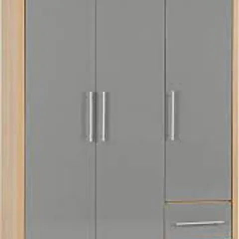 BOXED SEVILLE 3 DOOR 2 DRAWER WARDROBE GREY GLOSS/LIGHT OAK EFFECT (3 BOXES)