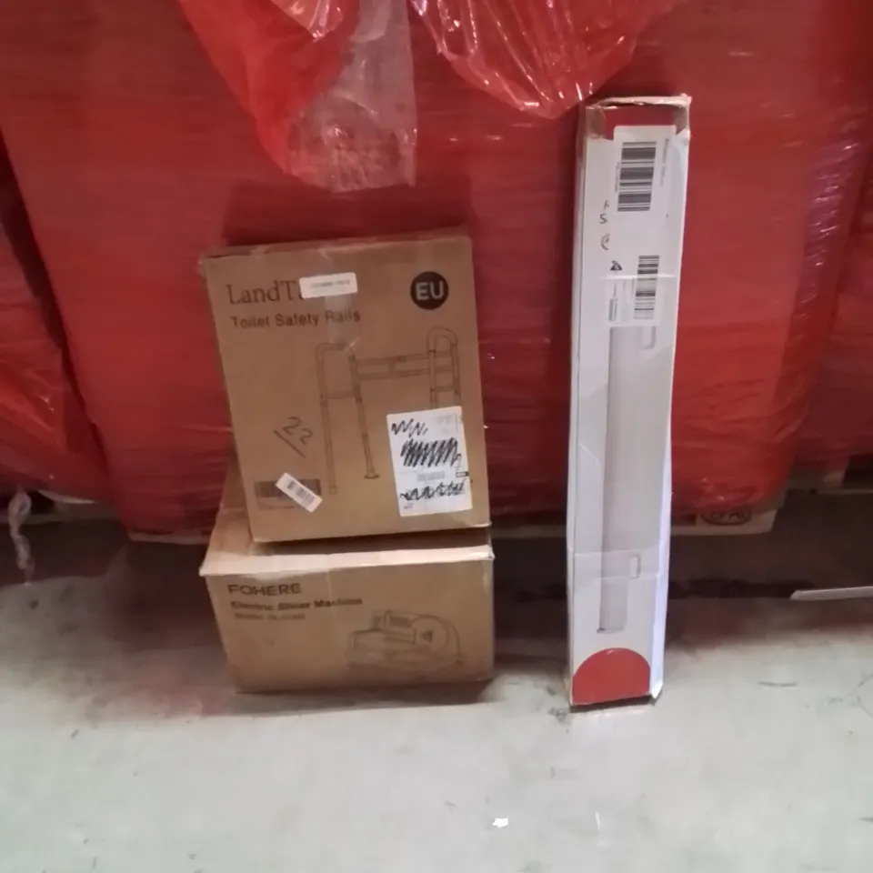 PALLET OF ASSORTED HOUSEHOLD GOODS AND PRODUCTS TO INCLUDE;SAFETY RAILS,RETRACTABLE SAFETY GATE,SLICER MACHINE