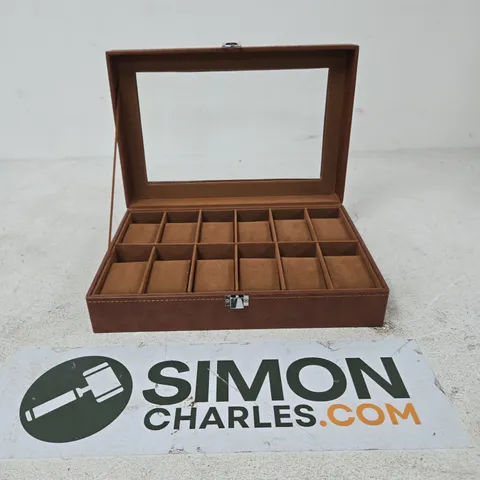 BROWN LEATHER-LOOK JEWELLERY DISPLAY BOX WITH GLASS LID, 16 COMPARTMENTS