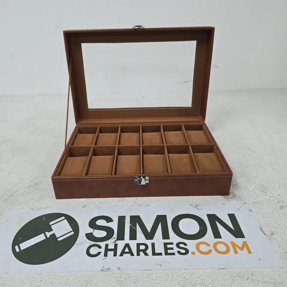 BROWN LEATHER-LOOK JEWELLERY DISPLAY BOX WITH GLASS LID, 16 COMPARTMENTS