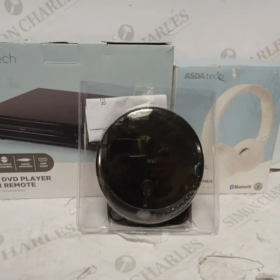 LARGE BOX OF ASSORTED ITEMS TO INCLUDE ONN PERSONAL CD PLAYER, WIRELESS HEADPHONES, HDMI DVD PLAYER WITH REMOTE, ETC