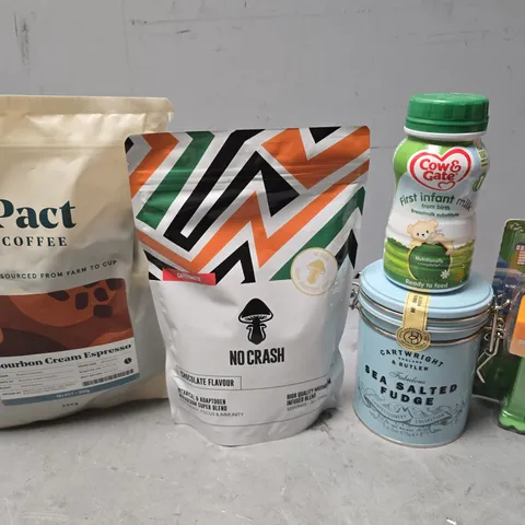 APPROXIMATELY 13 ASSORTED FOOD & DRINK ITEMS TO INCLUDE - PACT COFFEE CREAM ESPRESSO, COW & GATE INFANT MILK , PEZ MINECRAFT ETC