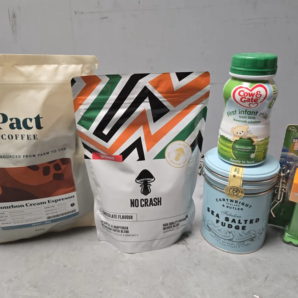 APPROXIMATELY 13 ASSORTED FOOD & DRINK ITEMS TO INCLUDE - PACT COFFEE CREAM ESPRESSO, COW & GATE INFANT MILK , PEZ MINECRAFT ETC