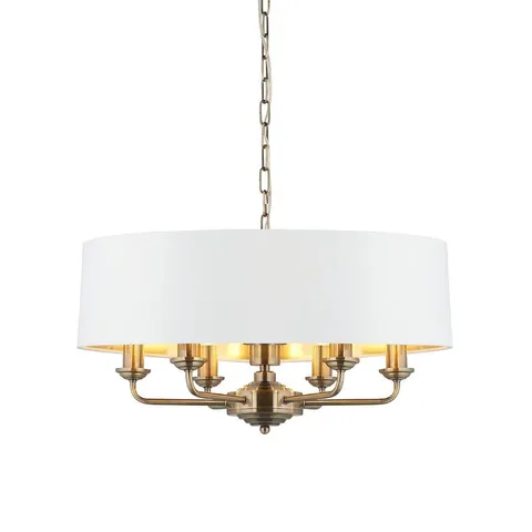 BOXED LUMINOSA HIGHCLERE SINGLE SHADE PENDANT CEILING LAMP, ANTIQUE BRASS PLATE, VINTAGE WHITE FABRIC