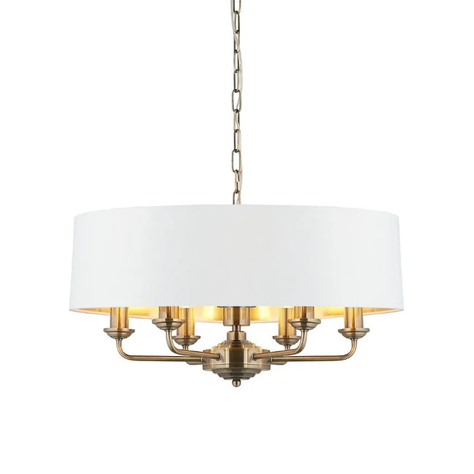 BOXED LUMINOSA HIGHCLERE SINGLE SHADE PENDANT CEILING LAMP, ANTIQUE BRASS PLATE, VINTAGE WHITE FABRIC