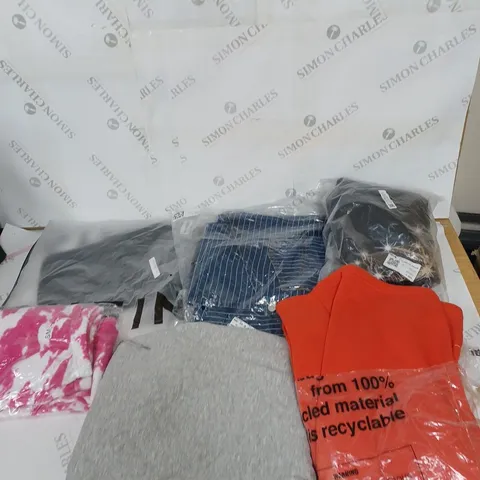 LARGE BOX OF ASSORTED CLOTHING ITEMS IN VARIOUS COLOURS AND SIZES INCLUDING TROUSERS , TOPS AND JUMPERS