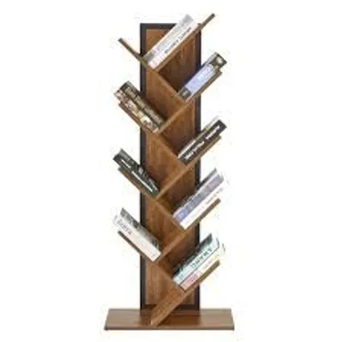 BOXED MEERVEIL BOOKSHELF, TREE BOOKCASE 9-TIER, WITH WOODEN SHELVES AND IRON FRAME, FREE STANDING STORAGE SHELVING UNITS FOR LIVING ROOM, HOME OFFICE, 50 X 22 X 125CM, RUSTIC BROWN
