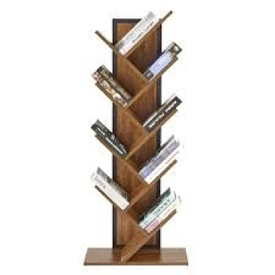 BOXED MEERVEIL BOOKSHELF, TREE BOOKCASE 9-TIER, WITH WOODEN SHELVES AND IRON FRAME, FREE STANDING STORAGE SHELVING UNITS FOR LIVING ROOM, HOME OFFICE, 50 X 22 X 125CM, RUSTIC BROWN