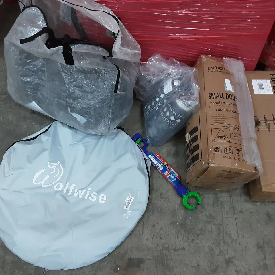 PALLET OF ASSORTED PRODUCTS TO INCLUDE ROBO ROBOT HAND, ENYHORN CARPET RUNNER, SOFIA SMALL DOUBLE, HOMIDEC CLOTHES RACK, WOLFWISE, SINGLE BED FRAME  