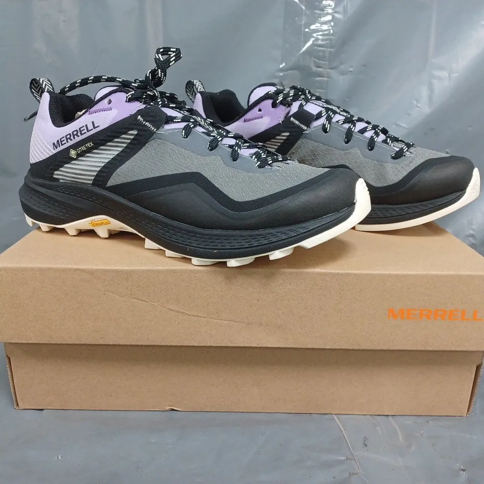 BOXED PAIR OF MERRELL MQM 3 GTX SHOES IN GREY/BLACK/LILAC SIZE UK 4