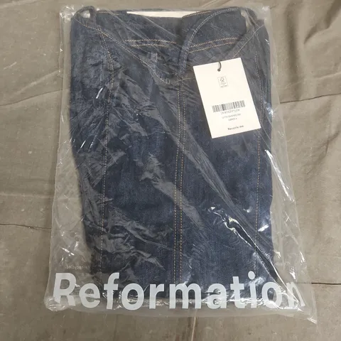 BAGGED REFORMATION LOTTIE DENIM MINI DRESS IN BLUE - SIZE 6