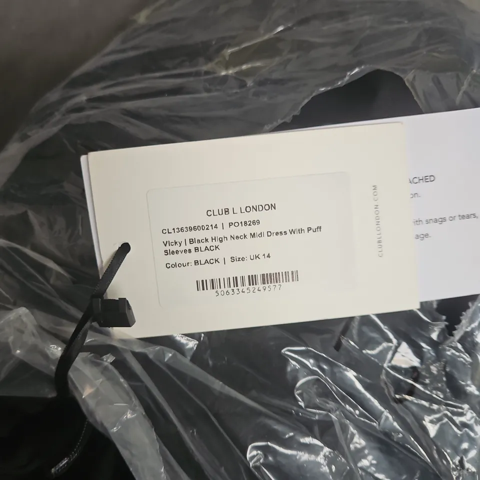 CLUB LONDON VICKY BLACK HIGH NECK MIDI DRESS WITH PUFF SLEEVES – UK 14