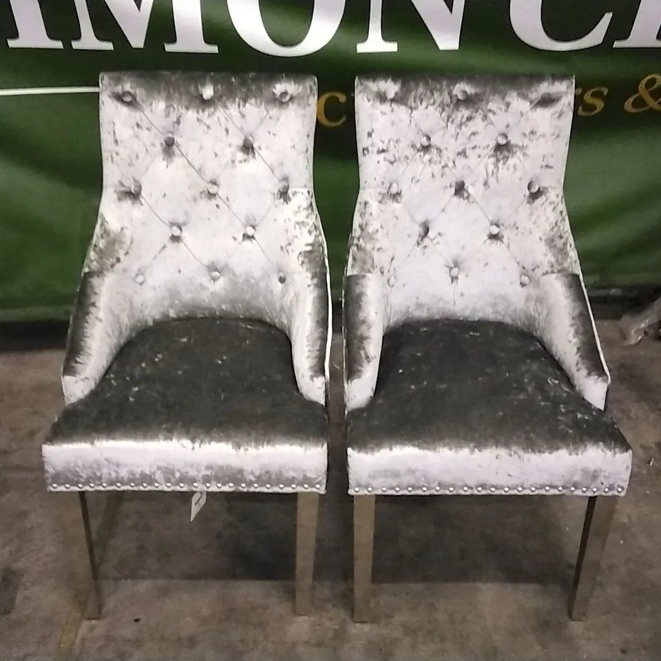 SET OF 2 GREY VELVET BUTTONBACK STUDDED DINING CHAIRS WITH KNOCKER BACK AND CHROME LEGS