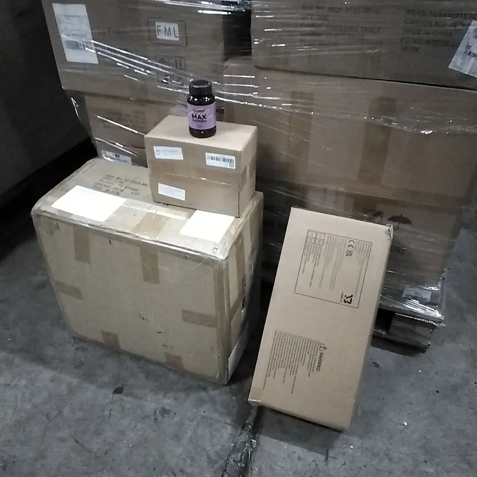 PALLET OF HOUSEHOLD ITEMS TO INCLUDE MOUSE TRAPS, MAX GUMMIES, TV STAND, BALANCE BIKE AND OTHER ASSORTED ITEMS...