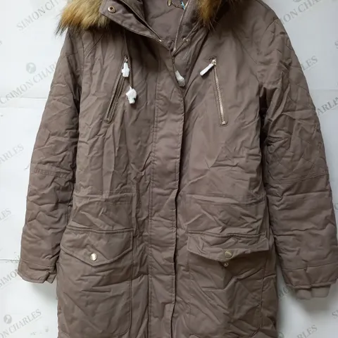 RUTH LANGSFORD FAUX FUR TRIM PARKA COAT IN CAPPUCCINO SIZE MEDIUM 