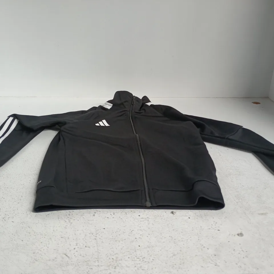 ADIDAS TRACK JACKET – BLACK/WHITE, UK 11-12 (YOUTH) – ZIP FRONT, 3-STRIPES
