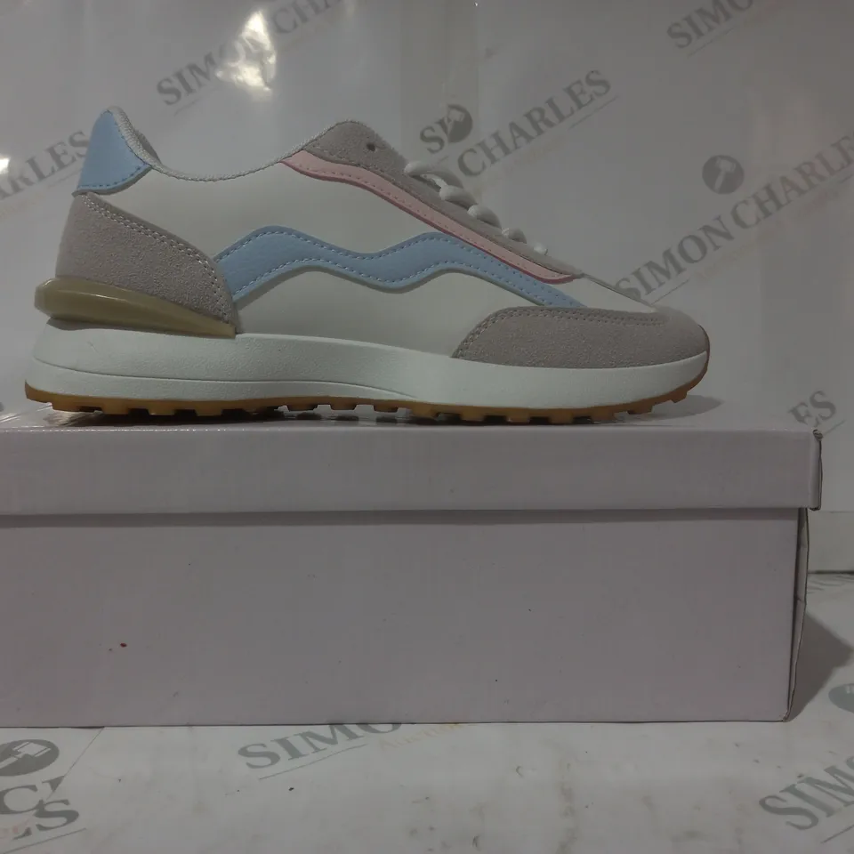 BOXED PAIR OF DESIGNER SHOES IN WHITE/GREY/BLUE/PINK EU SIZE 39