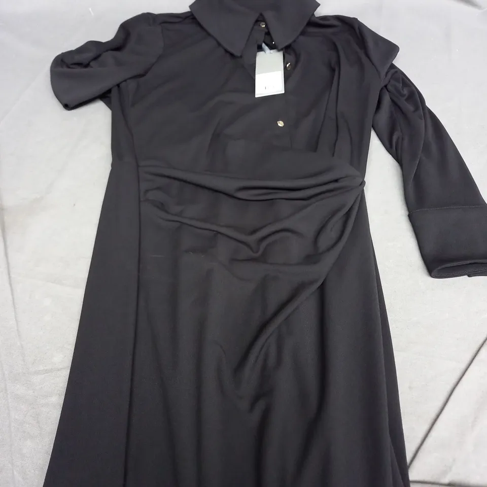 MINT VELVET BLACK RUCHED MIDI SHIRT DRESS IN BLACK - SMALL