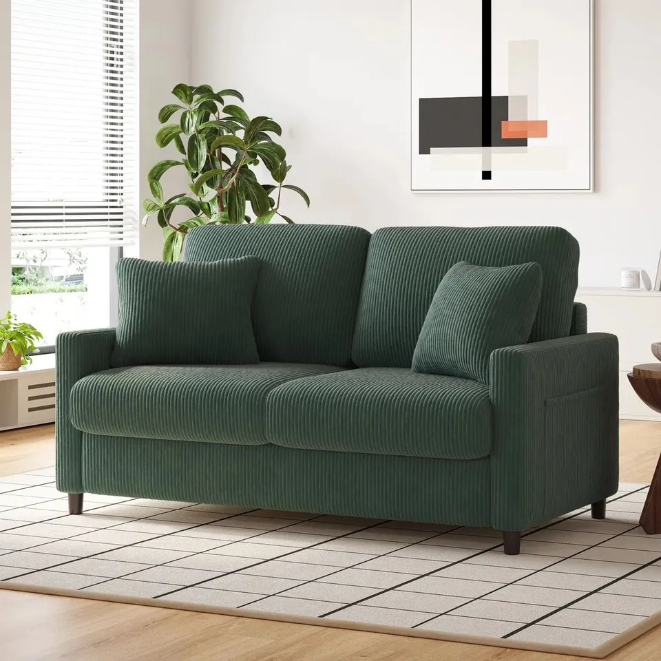 BOXED BALATON VEGAN 2 SEATER CORDUROY UPHOLSTERED SOFA WITH PILLOWS