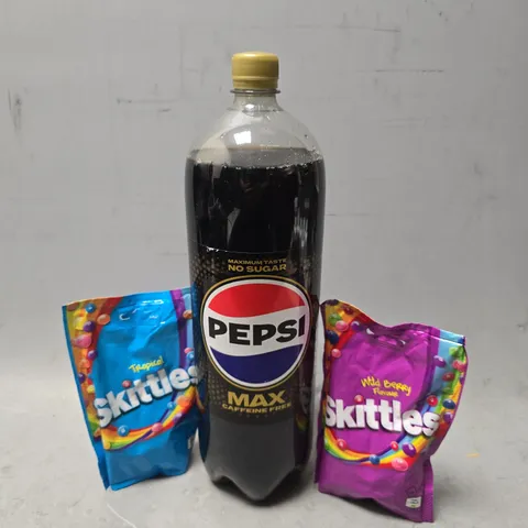 APPROXIMATELY 5 ASSORTED FOOD & DRINK ITEMS TO INCLUDE - PEPSI MAX CAFFINE FREE , SKITTLES TROPICAL , SKITTLES WILD BERRY