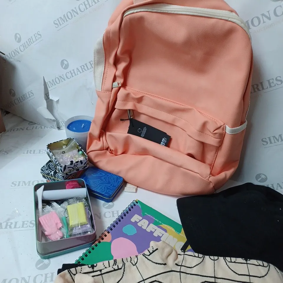 APPROXIMATELY 9 COTTON ON ITEMS INCLUDING PEACH BACKPACK, NOTEBOOK, CANDLE, KEYCHAIN MAKING SET