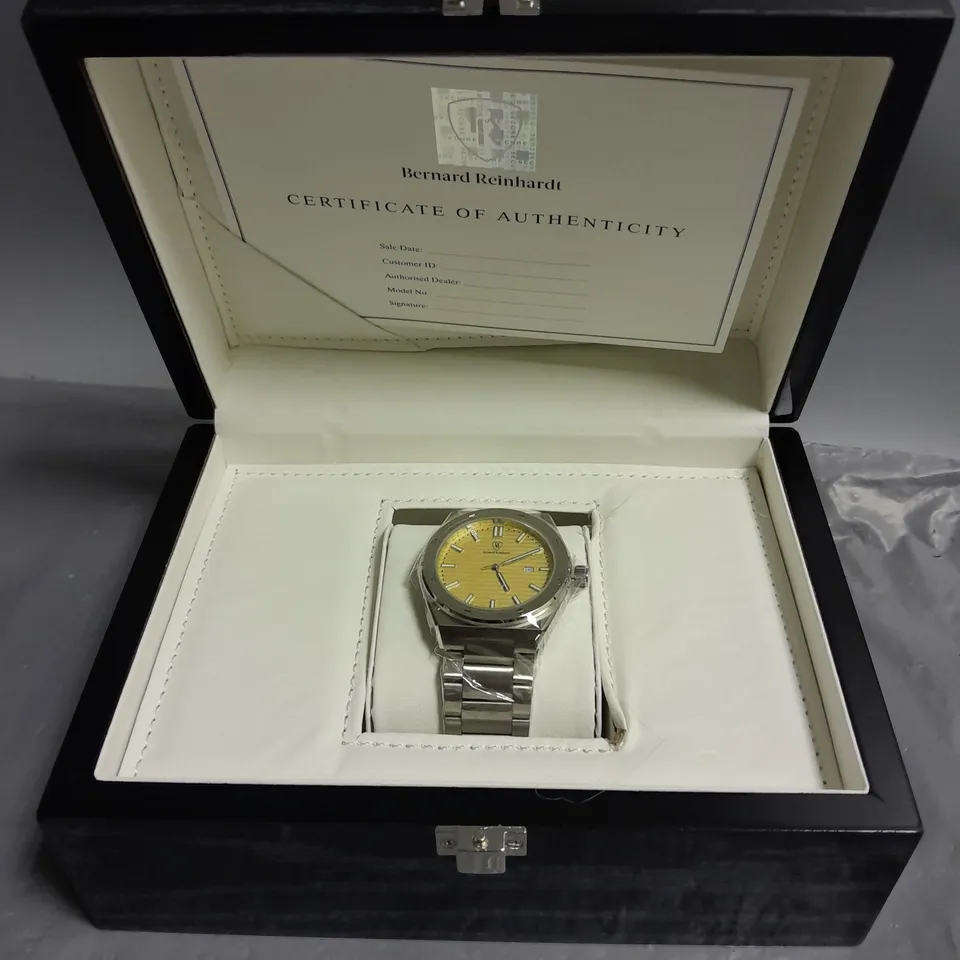 MENS BERNARD REINHARDT SWISS MOVEMENT WATCH WITH PEACH DIAL, 316 STAINLESS STEEL CASE & STRAP AND SAPPHIRE CRYSTAL IN GIFT BOX