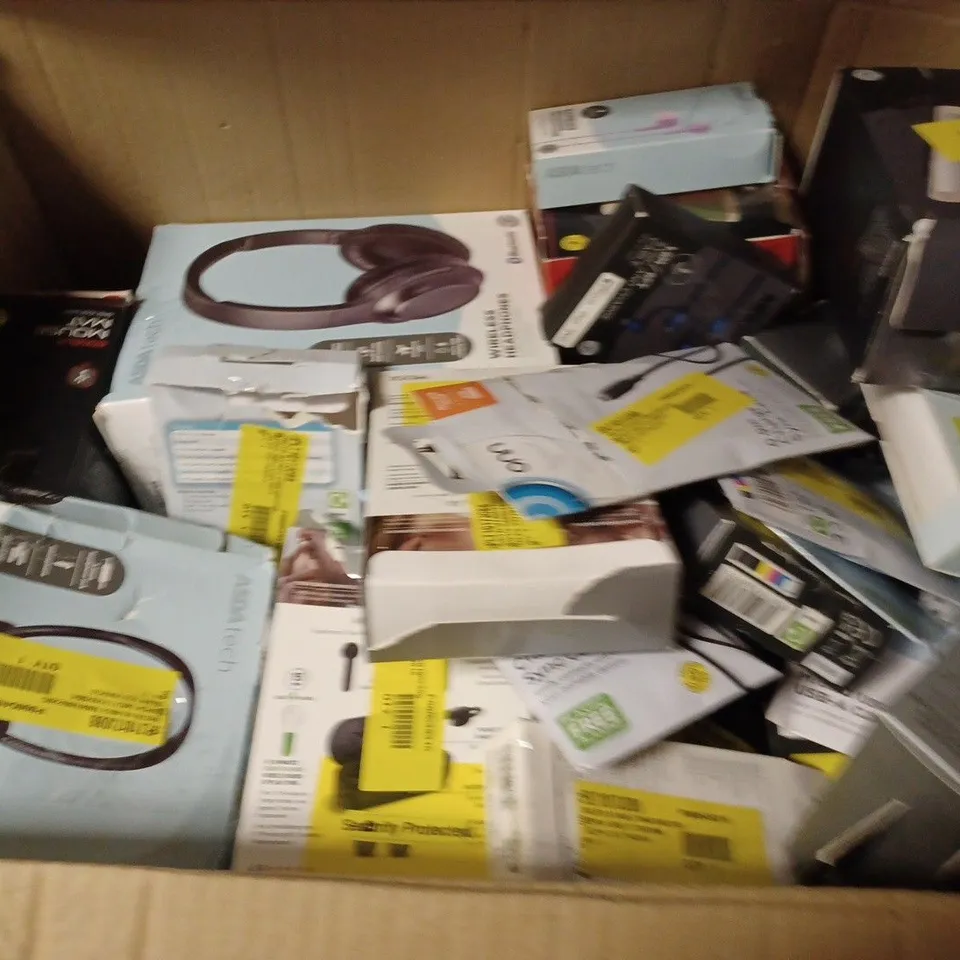 BOX OF APPROX 20 ASSORTED ITEMS INCLUDING ONN WIRED HEADPHONES, ZAGG PHONE PROTECTIVE CASE AND ASDATECH KIDS WIRED HEADPHONES