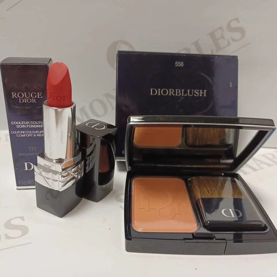 LOT OF 2 CHRISTIAN DIOR PRODUCTS TO INCLUDE COUTURE COLOUR LIPSTICK #771 RADIANT MATTE & DIORBLUSH VIBRANT COLOUR POWDER BLUSH #556 AMBER