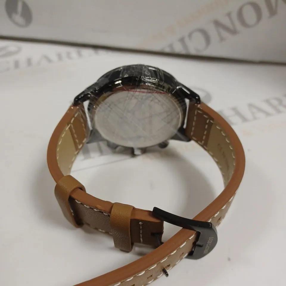 MENS LOUIS LACOMBE CHRONGRAPH WATCH – 3 SUB DIALS – BLACK CASE – LEATHER STRAP