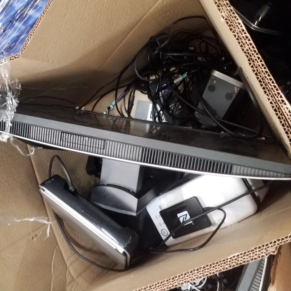 PALLET CONTAINING ASSORTED TECH INCLUDING COMPUTER MONITORS, LABEL PRINTERS, SCANNERS & WALKIE TALKIES