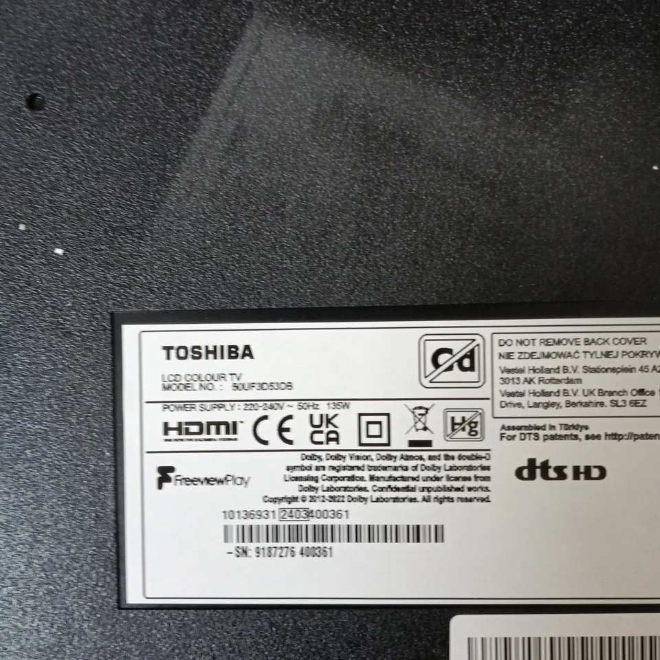 TOSHIBA LCD COLOUR TV – HDMI, FREEVIEW PLAY 50"