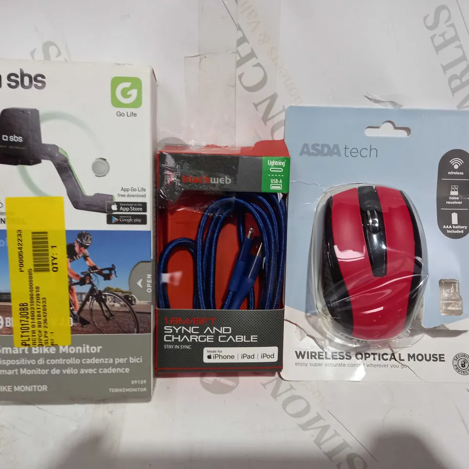 LOT OF APPROXIMATELY 20 ASSORTED HOUSEHOLD ITEMS TO INCLUDE SBS SMART BIKE MONITOR, BLACKWEB SYNC AND CHARGE CABLE, ASDA TECH WIRELESS OPTICAL MOUSE, ETC